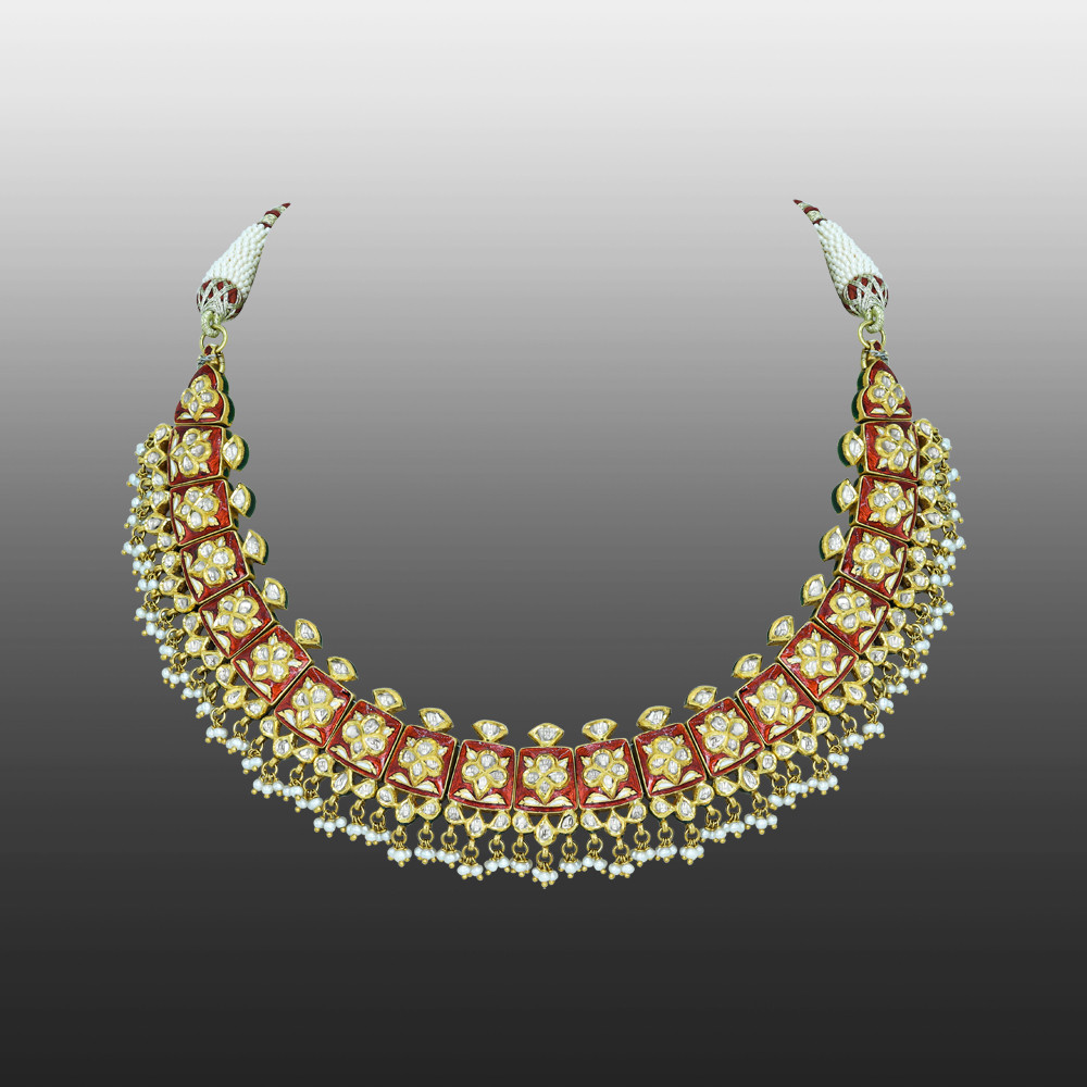 Red Enamel Polki Necklace with Floral Motifs and Cheed Pearls